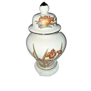 Vintage white Japanese handpainted Floral Ginger Jar with Gold Trim and Iris